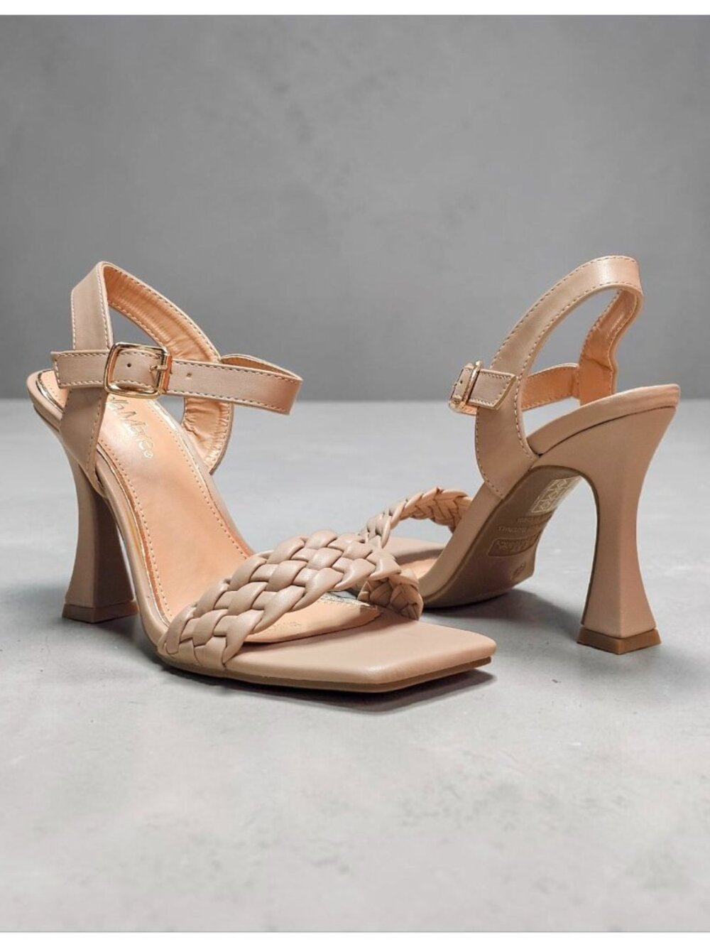Braided Nude Heeled Sandals With Square Toe Design & Adjustable Ankle Strap
